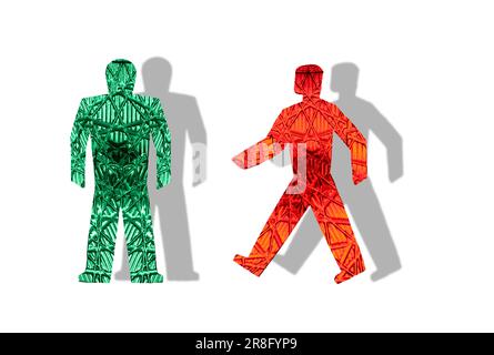 Figures of pedestrian lights, green stand, red go Stock Photo