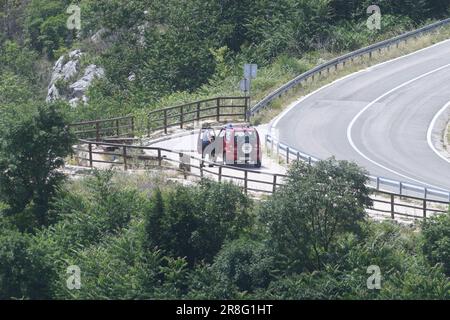 Pakovo Selo, Croatia. 21st June, 2023. In the canyon of the Cikola River in the area of Pakovo Selo in the Sibenik-Knin County, a helicopter of the Hungarian Armed Forces, which was in Croatia for training, crashed. The police blocked the road towards the helicopter crash site, An Mi-171 Sh helicopter and a Pilatus airplane of the Croatian Air Force joined a search for a military helicopter that crashed, three passengers were found dead, in Pakovo Selo, Croatia, on June 21, 2023. Photo: Hrvoje Jelavic/PIXSELL Credit: Pixsell/Alamy Live News Stock Photo