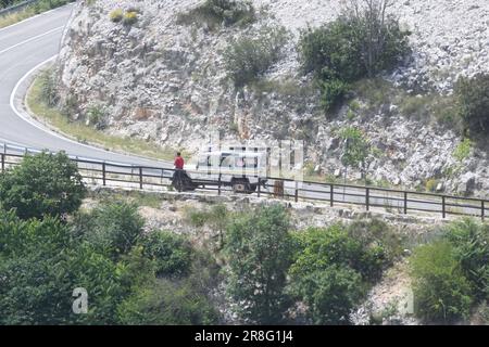 Pakovo Selo, Croatia. 21st June, 2023. In the canyon of the Cikola River in the area of Pakovo Selo in the Sibenik-Knin County, a helicopter of the Hungarian Armed Forces, which was in Croatia for training, crashed. The police blocked the road towards the helicopter crash site, An Mi-171 Sh helicopter and a Pilatus airplane of the Croatian Air Force joined a search for a military helicopter that crashed, three passengers were found dead, in Pakovo Selo, Croatia, on June 21, 2023. Photo: Hrvoje Jelavic/PIXSELL Credit: Pixsell/Alamy Live News Stock Photo