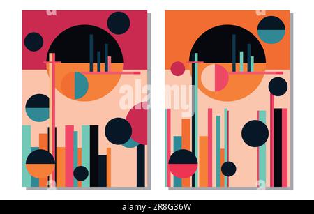 Neo Memphis poster collection. Abstract bold geometric shapes star triangle circle in pink yellow blue orange elements layout vector illustration. Stock Vector