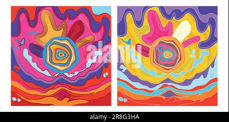 Psychedelic groovy swirl frames and decor. Trendy 1960s and 1970s style illustration vector. Stock Vector
