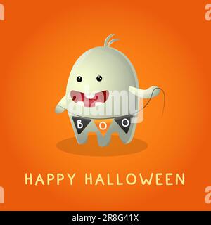 Cartoon monster cute ghost holding a Halloween flag.  Vector illustration card Stock Vector
