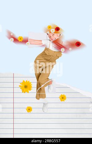 Magazine template collage of funny funky teen girl with fading body flying flower daisy dancing on spring day party Stock Photo