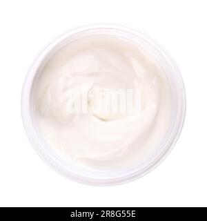 Cream yogurt, in a plastic cup. Stirred yoghurt, also spelled yogourt or yoghourt, with ten percent fat content. Fremented dairy product. Stock Photo