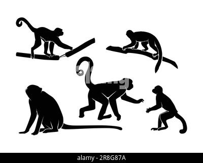 Set of Monkeys Silhouette Isolated on a white background - Vector Illustration Stock Vector