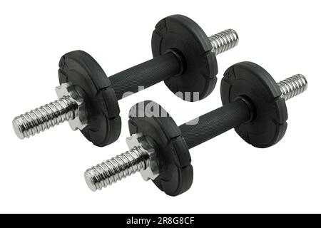 Two Black silver short dumbbells isolated on white background Stock Photo