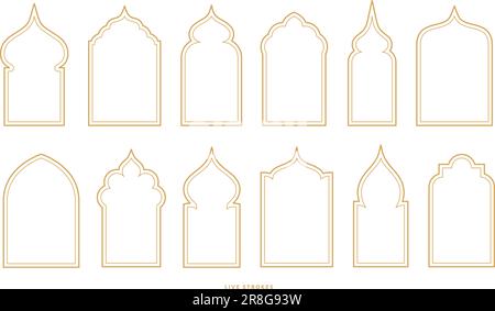 Islamic window frames illustrations collection. Arabian architecture geometric arch door shapes silhouettes set. Ramadan kareem mosque gates icons Stock Vector