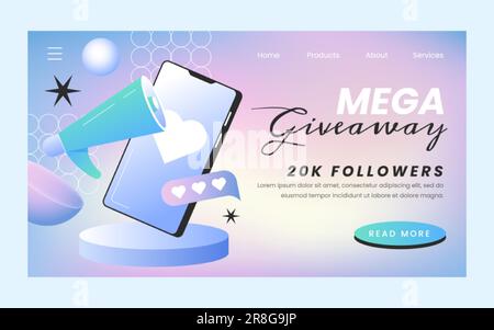 Giveaway landing page template design with megaphone and mobile phone. Attracting followers. Social media website for announcement, special event or internet advertising purple vector illustration. Stock Vector