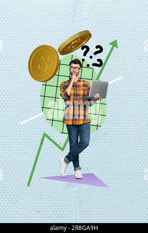 Creative 3d collage image of unsure doubtful guy thinking earning cash modern device isolated blue color background Stock Photo