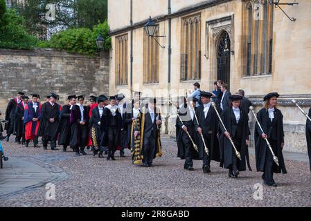 Oxford University, Oxford, UK, 21st June 2023. Oxford University Chancellor Lord Chris Patten (centre) leads the main part of the Encaenia Procession to The Sheldonian Theatre through Radcliffe Square before the Encaenia Ceremony where Oxford University's Honorary Degrees are awarded. Among the 2023 recipients are Prof Paul Gilroy, Author Val McDermid, Prof Sir Simon Schama, Prof Stephen Furber, Prof Frances Arnold and Prof Malik Pieris. Encaenia is an ancient ceremony which takes place every June. Credit: Martin Anderson/Alamy Live News Stock Photo