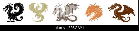 Сollection of Chinese color dragons. Happy Chinese New Year 2024 year of the dragon zodiac sign. Vector illustration Stock Vector