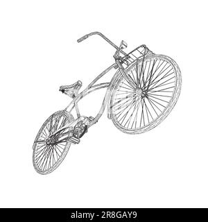 Wireframe vintage bicycle, vector. Black and white retro bicycle. 3D. Stock Vector