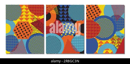 Neo Memphis poster collection. Abstract bold geometric shapes star triangle circle in elements layout vector illustration. Stock Vector