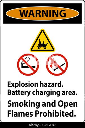 Warning Sign Explosion Hazard, Battery Charging Area, Smoking And Open Flames Prohibited Stock Vector