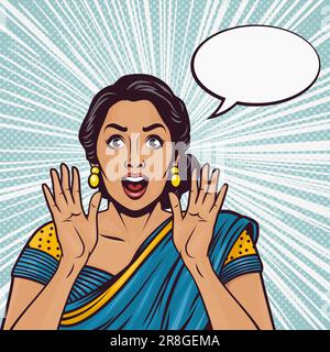 Vector Banner with Indian Woman, Wow Face, Holding Hands, Arms, Palms Near Her Cheeks in Pop Art Comic Style. Advertising Poster for Sale, Discount Stock Vector