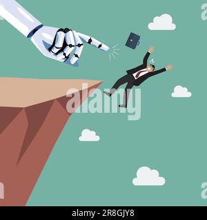 Robot pushing businesman fall into the abyss. Artifical intelligence replacing jobs concept. Vector illustration Stock Vector