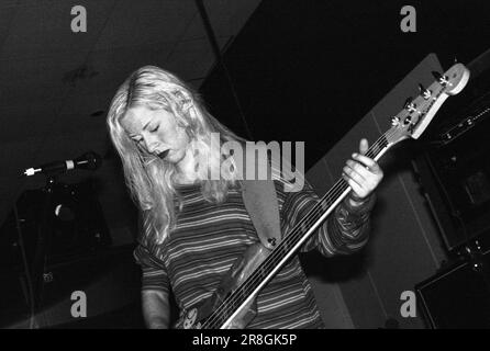 D'arcy Wretzky of Smashing Pumpkins playing the Siamese Dream Tour at The Great Hall at Cardiff University, Wales, September 22 1993. Photo: Rob Watkins. NOTE: This 30 year old negative shows some flaws. Stock Photo