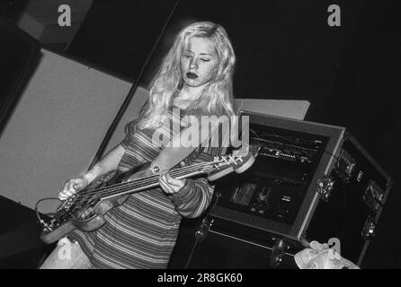 D'arcy Wretzky of Smashing Pumpkins playing the Siamese Dream Tour at The Great Hall at Cardiff University, Wales, September 22 1993. Photo: Rob Watkins. NOTE: This 30 year old negative shows some flaws. Stock Photo