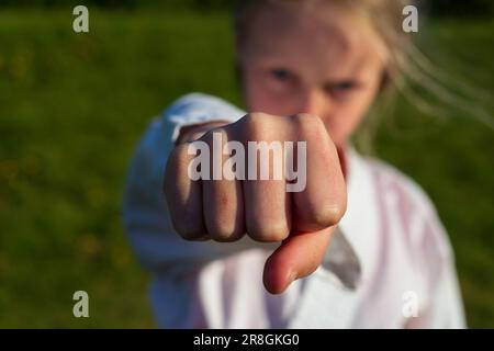 A young girl practicing her karate punches Stock Photo