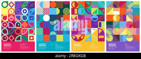 Abstract geometric bauhaus artworks. Simple shapes combination poster set. Memphis pattern background collection. Retro modern trendy graphic paintings. Vintage postmodern art print vector eps designs Stock Vector