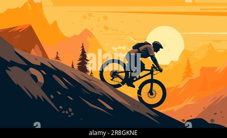 Extreme mountain biker riding downhills, on a mountainous, beautiful wild nature background during sunset. Sport biking horizontal poster, vector illustration. Stock Vector