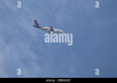 Chiangmai, Thailand -   June  17 2023: HS-TXC Airbus A320-200 of Thai Smile Airway. Take off from Chiangmai airport to Bangkok Suvarnabhumi. Stock Photo