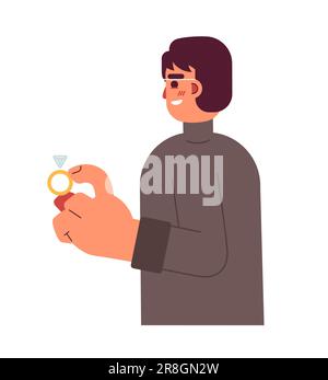 Asian young man holding diamond engagement ring semi flat colorful vector character Stock Vector