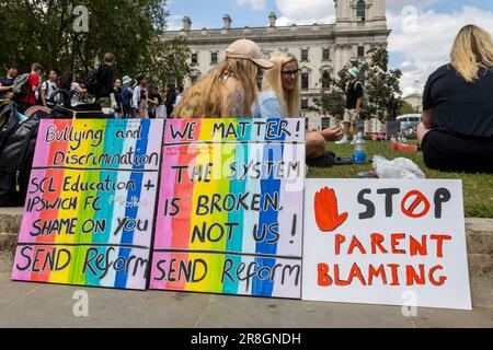 London, UK. 21st June, 2023. Parents and family members from Education4All23 and S.E.N.D Reform England stage a tranquil demonstration at Parliament Square Gardens, demanding a comprehensive overhaul of the SEND educational system. Today, they unite in their quest for change, urging the central government to address the pressing concerns surrounding special educational needs. The protesters' peaceful gathering amplifies their collective voice, seeking a fair and inclusive education for all students. Credit: Sinai Noor/Alamy Live News Stock Photo