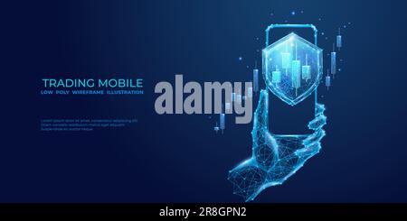 Stock market candlestick on smartphone screen with shield. Stock Vector