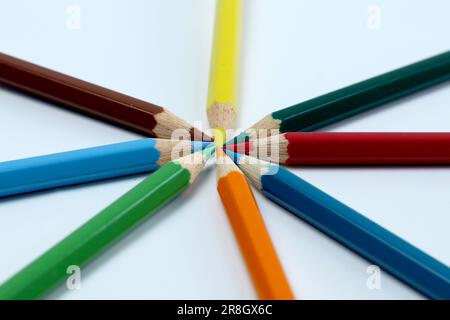 Many different colored pencils on white background. set of Colored pencils Stock Photo