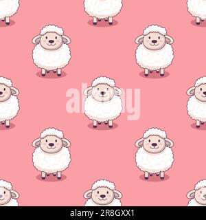 Vector Seamless Pattern with Funny Cute Sheep on Pink Background. Cartoon Sheep Seamless Texture, Textile, Wallpaper Design for Kids. Seamless Texture Stock Vector