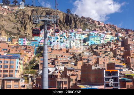 Barrio Chualluma, the painted neighborhood in La Paz, El Alto in Bolivia, South America - viewed from the red cable car / teleferico Stock Photo