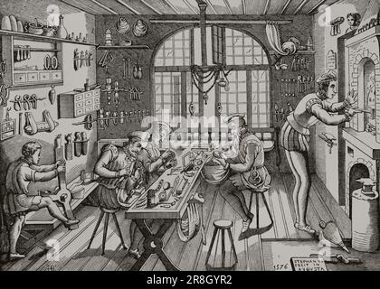 Etienne Delaune, Goldsmith's Workshop. Famous goldsmith from Paris in the 16th century. Engraving and drawing made by himself in 1576. 'Les Arts au Moyen Age et a l'Epoque de la Renaissance', by Paul Lacroix. Paris, 1877. Author: Etienne Delaulne (1518-1595). French goldsmith, medallist, draughtsman and engraver. Stock Photo