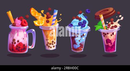 Tea bubble beverage with milk and tapioca vector. Summer boba coffee ice drink in cup with fruit, berries and splash illustration. Isolated delicious milkshake and smoothie dessert clipart cafe menu. Stock Vector