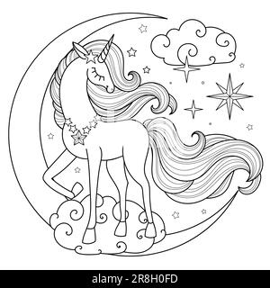 A beautiful unicorn with a long mane and tail on the moon. Black and white linear drawing. For children's design of coloring books, prints, posters, c Stock Vector