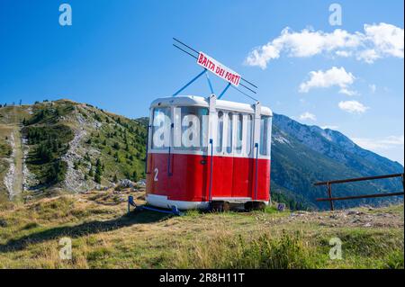 An original vintage car from the Malcesine-Monte Baldo cable car, now at the top of the mountain above Lake Garda, Italy Stock Photo
