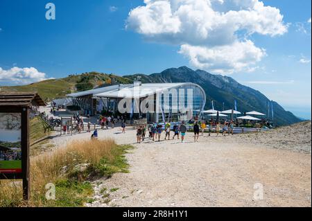 Cafe and bars at the top of Monte Baldo, the mountain over Malcesine on Lake Garda Stock Photo