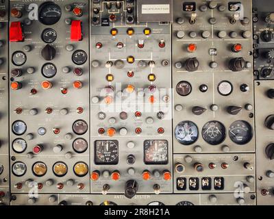 Close up shot of the control panel in a plane cockpit. Stock Photo
