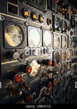 Close up shot of the control panel in a plane cockpit. Stock Photo