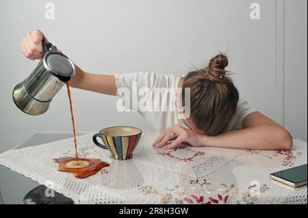 Concept Tired Young Woman Having Sleep Deprivation and Pouring Coffee. Stock Photo