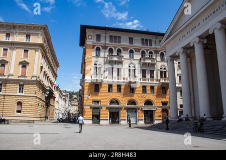 Piazza Sant'Antonio Nuovo in Trieste, Italy, is a vibrant square with a charming atmosphere. It dates back to the 19th century Stock Photo