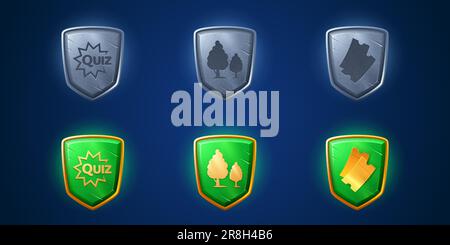 Quiz game shield icon cartoon vector element set. Choose category hover or click effect kit for interface of online arcade mobile app. Button sprite sheet for animation pack with glowing design Stock Vector