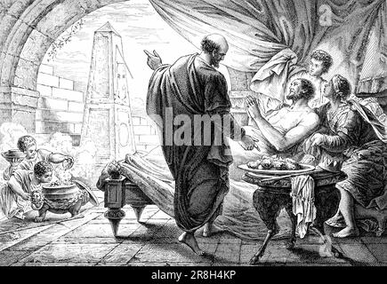 Isaiah promises recovery to King Hezekiah, Second Book of Kings, chapter 20, Verse 1, Old Testament, Bible, historic illustration 1890 Stock Photo