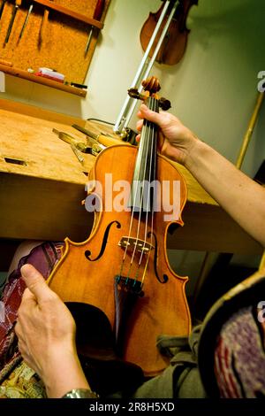 Unrecognizable luthier lute maker artisan both hands performing bend ...