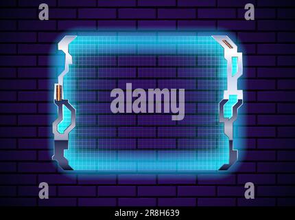 Futuristic metallic frame on the wall with neon glow and transparent scree with grid. Cyberpunk neon screen with steel border. Stock Vector