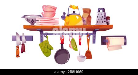 Kitchen shelf with utensil and dish vector set. Kitchenware tool object on hanging shelves interior furniture. Plate, kettle, pan, cutlery and towel accessory at home. Restaurant equipment and appliance Stock Vector