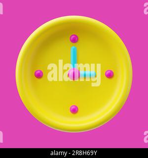 3d plastic round watch. Bright Realistic mechanical clock on pink background. Model dial icon. Hour, minutes, time, alarm clock symbol. Yellow Color c Stock Vector