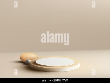 3D realistic empty beige color podium pedestal stand decoration with rock object on light brown background. Use for product display presentation, cosm Stock Vector