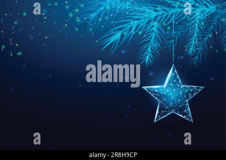 Wireframe Christmas star and Christmas tree branches, low poly style. New Year banner. Abstract modern 3d vector illustration on blue background Stock Vector