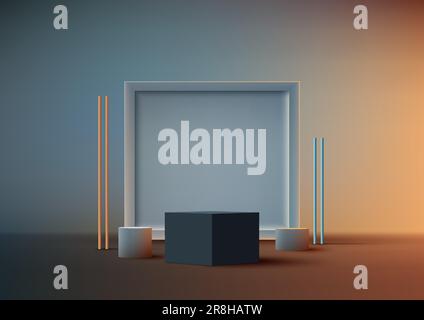 3D realistic empty blue box podium stand with geometric square backdrop on blue background. Use for presentation, cosmetic product display beauty mock Stock Vector